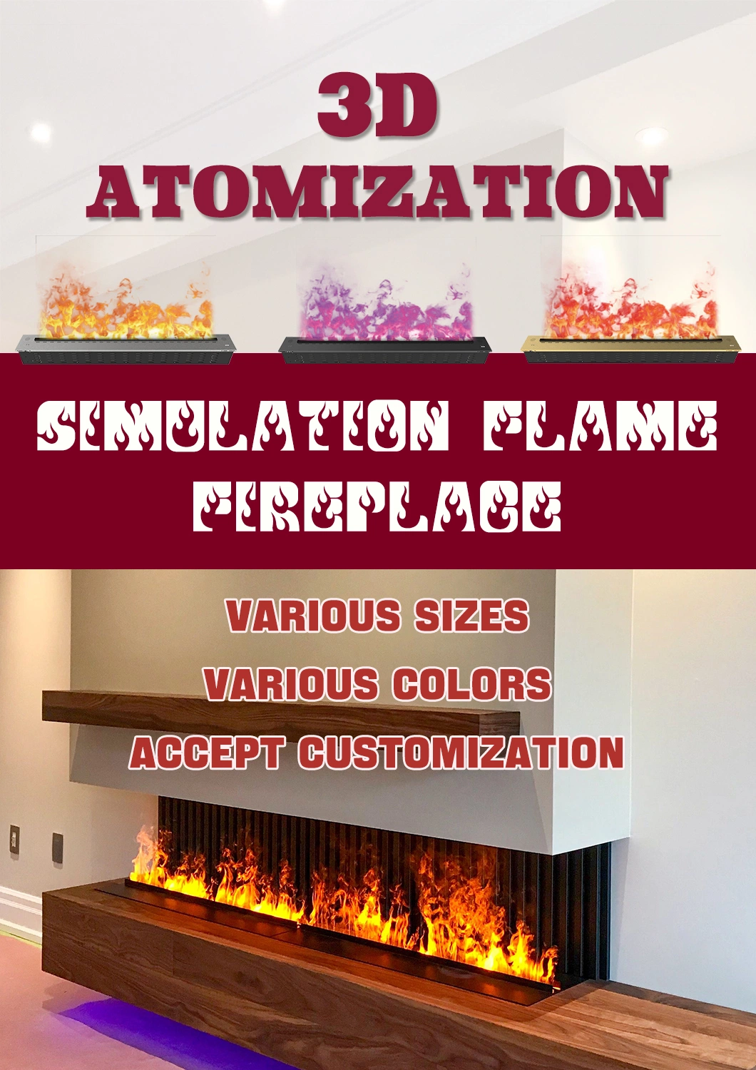 Atomization Humidifier Fireplace-Look 80-240V 3D Colorful Simulation Flame Aroma Diffuser for Bedroom