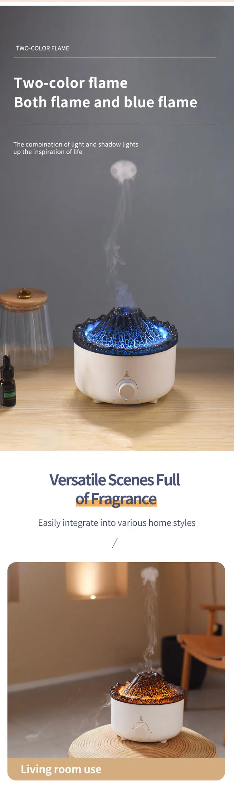 560ml 3D Simulated Jellyfish Remote Control Volcano Humidifier Cool Mist Flame Diffuser Fire Flame Aroma Diffuser