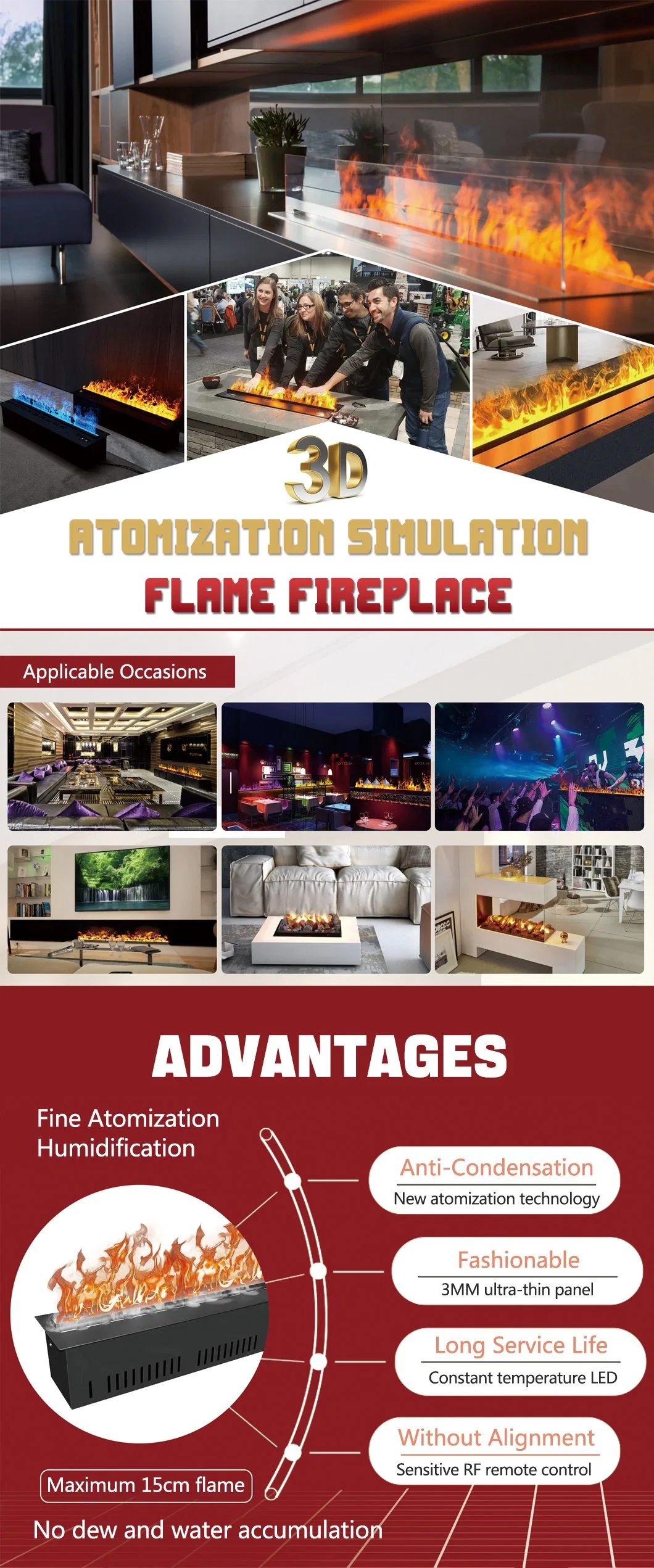 Atomization Humidifier Fireplace-Look 80-240V 3D Colorful Simulation Flame Aroma Diffuser for Bedroom